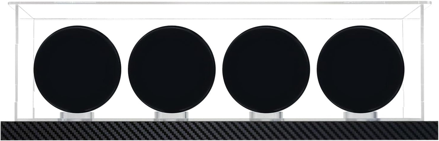 Hockey Puck Display Case for 4 Pack in one, Arcylic Puck Display Holder Stand UV Protected Dustproof Clear Display Cube Free Standing Display Cases with Carbon Fiber Skin Base and Mirror Base