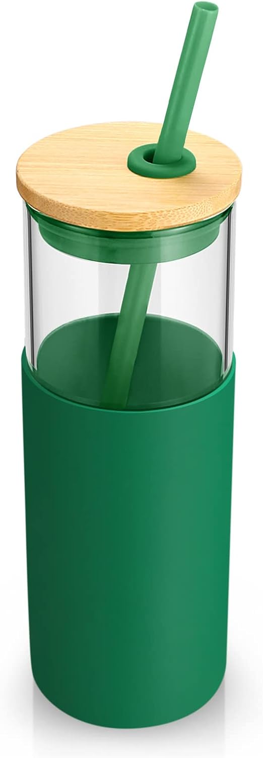 Tronco 24 oz Glass Tumbler with Straw and Lid - Smoothie and Iced Coffee Cup - Bamboo Lid and Protective Silicone Sleeve - BPA-Free