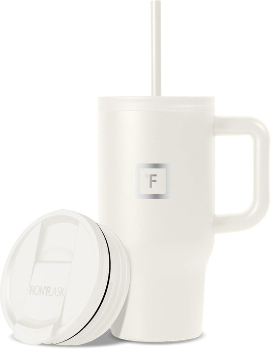IRON °FLASK Co-Pilot Insulated Mug w/Straw & Flip Cap Lids - Cup Holder Bottle for Hot, Cold Drink - Leak-Proof- Water, Coffee Portable Travel Tumbler - Cashmere Cream, 16 Oz