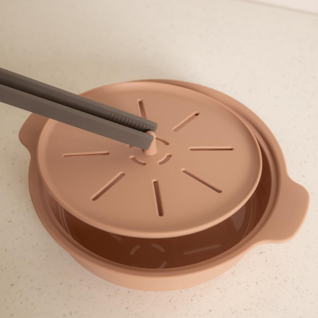 Microwave Silicone Steamer for Baby Food, Made In Korea, Oven & Dishwasher Safe to 482°F, Easy Clean, Microwave Pot with Handle & Lid, 100% Food Grade Steamer Bowl (Terracotta Rose, 29oz (850ml) with basket)