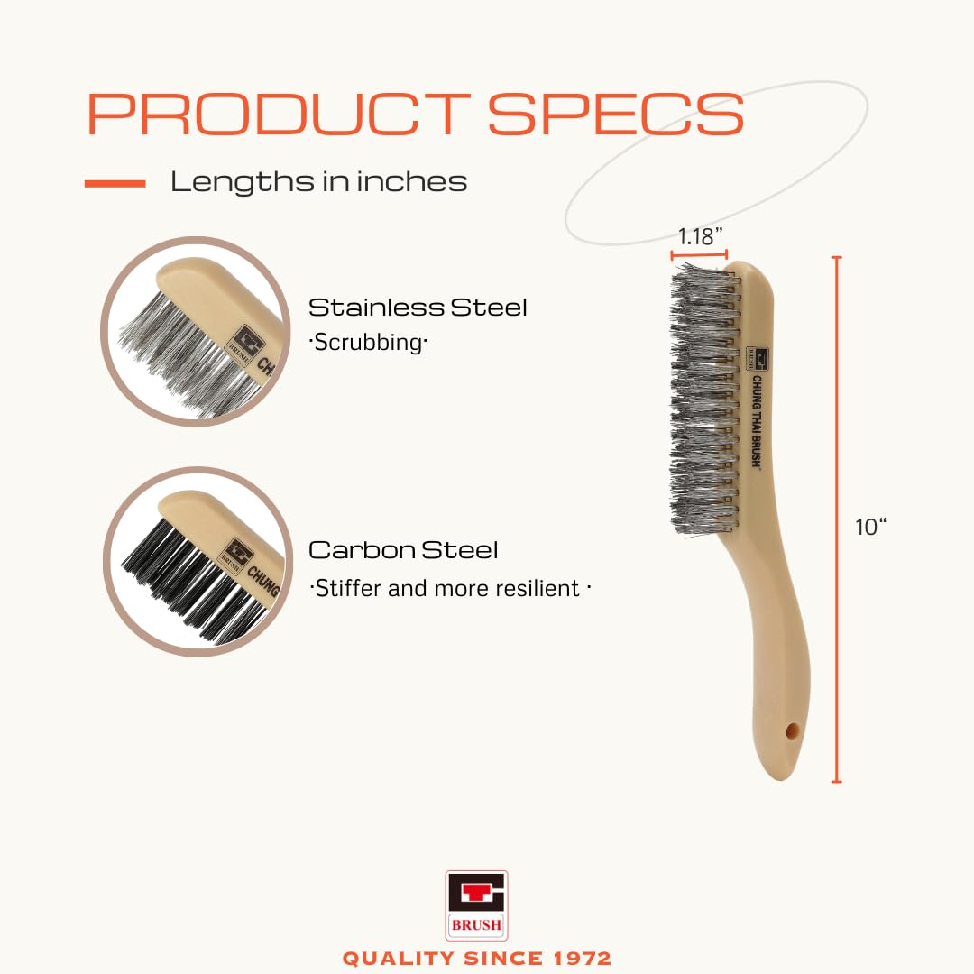 10” Plastic Handle Wire Brush Set (C80400) – 2 Pack 4 Row Scratch Brush Premium Carbon Steel Bristles and Stanless Steel Set, Durable, Paint Removal, Rust Removal, Scrubbing, Deep Cleaning