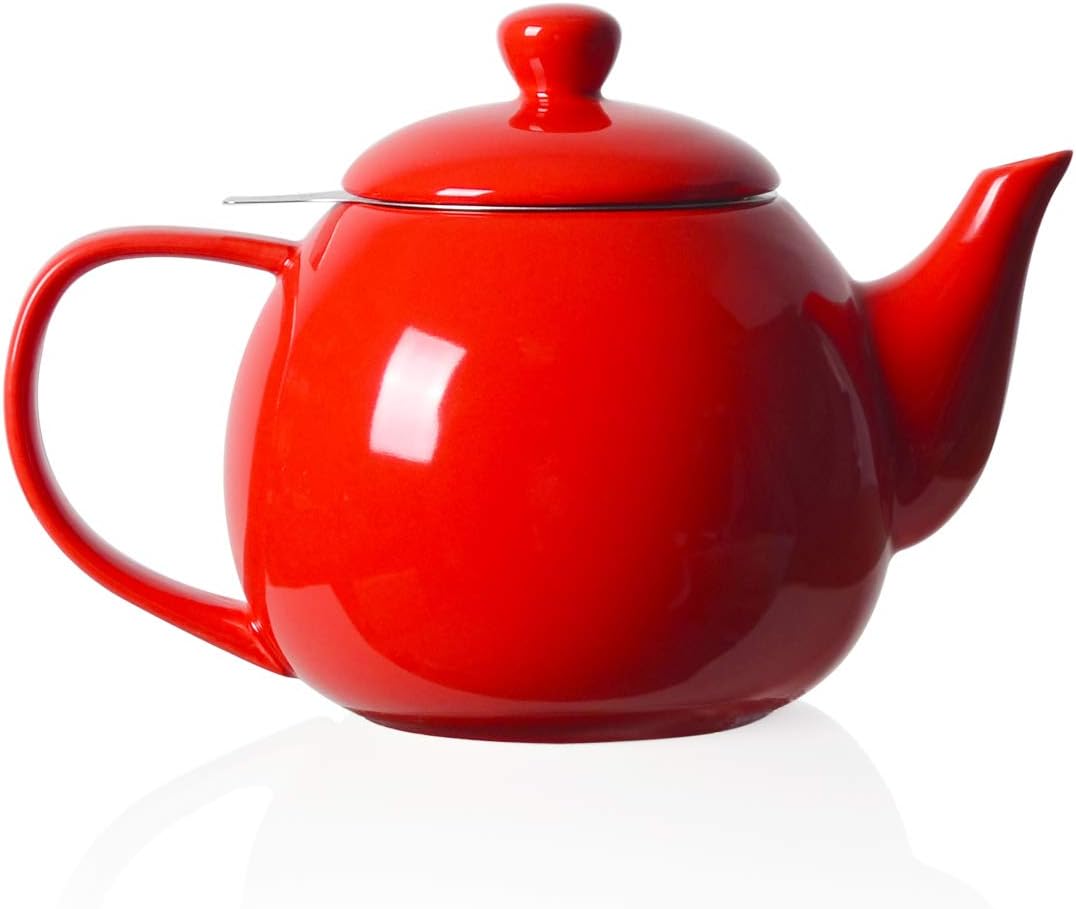 Sweejar Porcelain Teapot with Removable Stainless Steel Infuser,Microwave & Dishwasher Safe Tea Pots for Loose Tea,Tea Infuser Pots for Chrismas Women Gift (30oz Red)