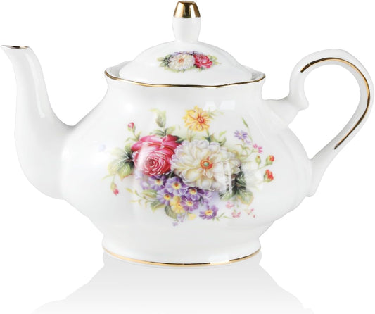 Sweejar Ceramic Teapot with Infuser, Floral Relief Gold Rimmed Teapot, 29 OZ Porcelain Tea Pot for Blooming and Loose Tea, Coffee...(Flower Style)