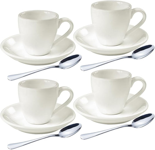 homEdge Porcelain Espresso Shot Cup Set with Saucers and Stainless Steel Spoons - 80 ml / 2.67 oz, Set of 4, White