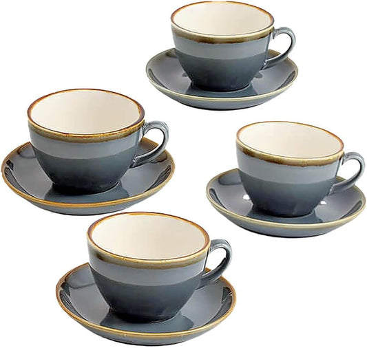 SHUER Ceramic Cappuccino Cup Set of 4, 7.8 OZ Cups and Saucers Set,Coffee Mocha Cup Sets,Black Coffee Cups and Glaze Americano Mugs Great for Party and Low Tea Time (Blue 220ml)