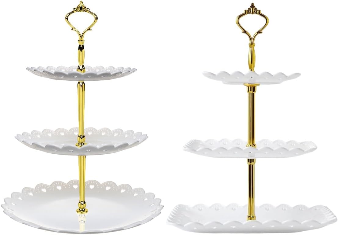 2 Pack of Large Plastic Dessert Stands, 3 Tier Cupcake Stand, 3 Tiered Serving Display Stand Reusable Pastry Dessert Tower Tray/Platter for Tea Party, Baby Shower and Wedding (White)