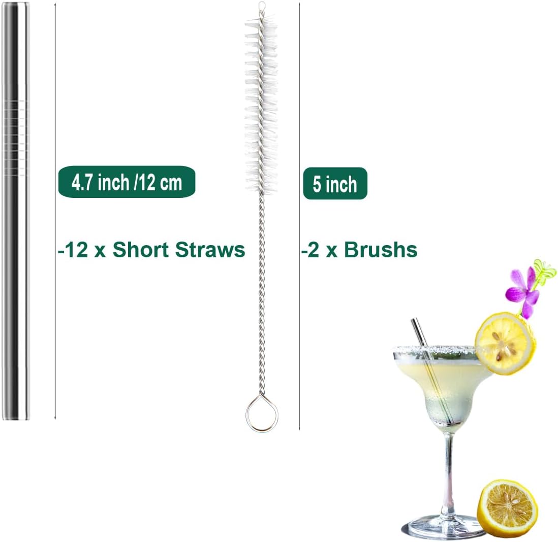 12 Pack 4.7 Inch Extra Short Metal Cocktails Straws, Reusable Stainless Steel Smoothie Drinking Straws with Cleaning Brush for Coffee Mugs, Small Glasses or Cups