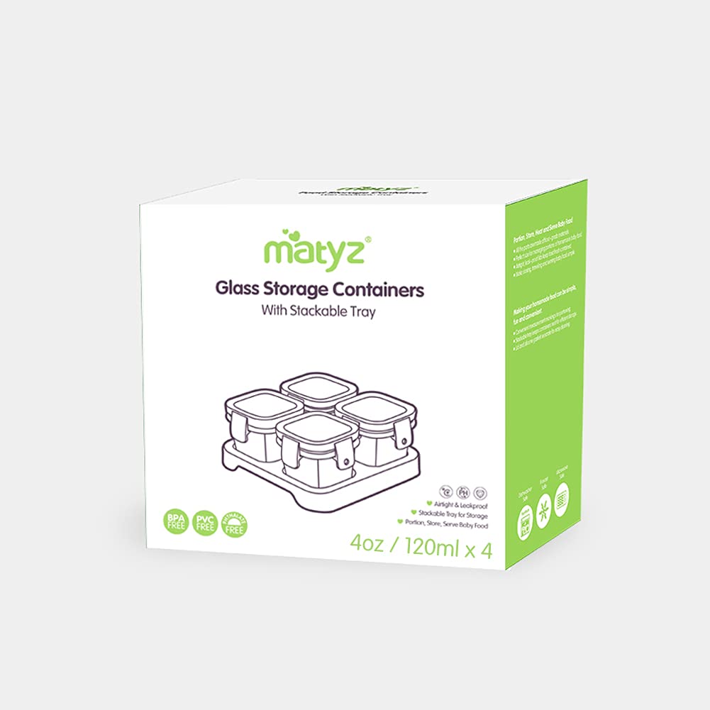 Matyz 4-Pack Baby Glass Jars For Food Storage with Lids Airtight and Stackable Tray (Mint Green, 4 OZ Each) - Small Solid Food Storage Containers For Baby On The Go - Freezer Microwave Oven Safe