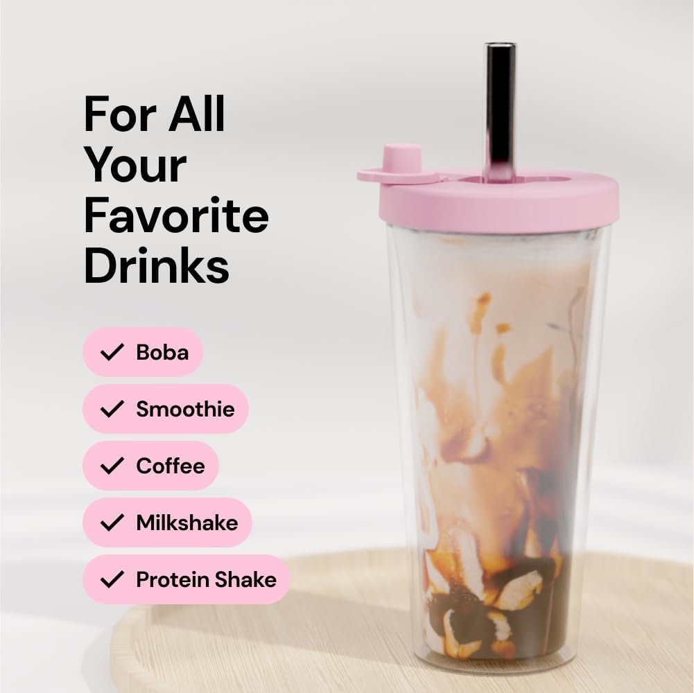 Dodoko Reusable Boba Cup and Straw Boba Tea Cup Bubble Tea Cup Reusable Iced Coffee Cup Cold Coffee Cup Smoothie Cup with Lid and Straw Smoothie Cup to go Smoothie Tumbler 17 oz - Bubble Pink