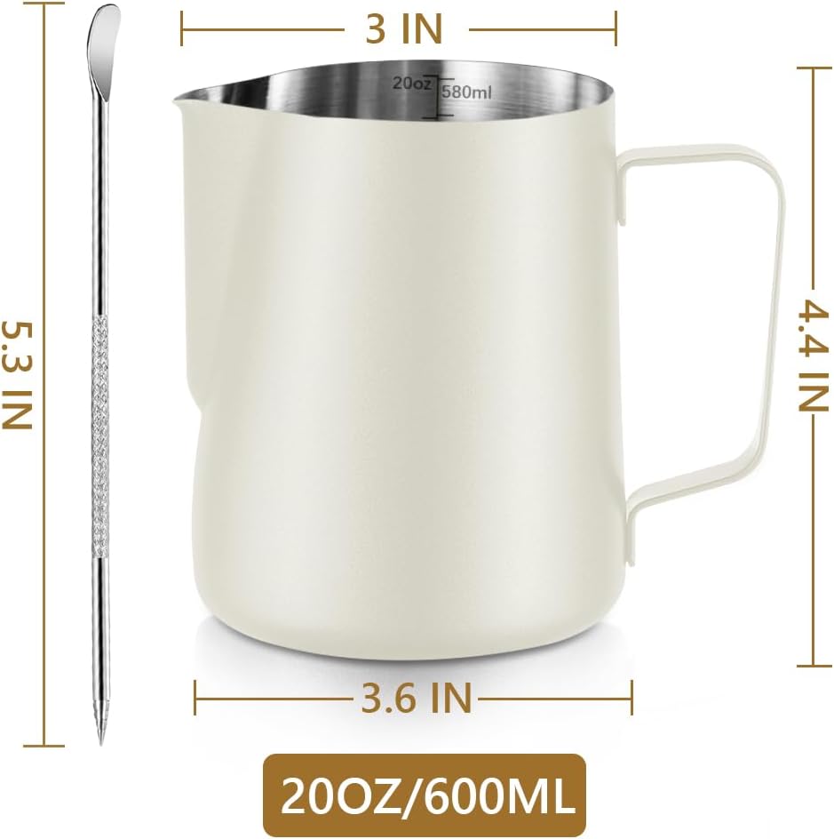 Frothing Milk Pitcher, 20 oz/600 ml Stainless Steel Frothing Milk Jug with Latte Art Pen,with Internal Measurements, for Cappuccino-White