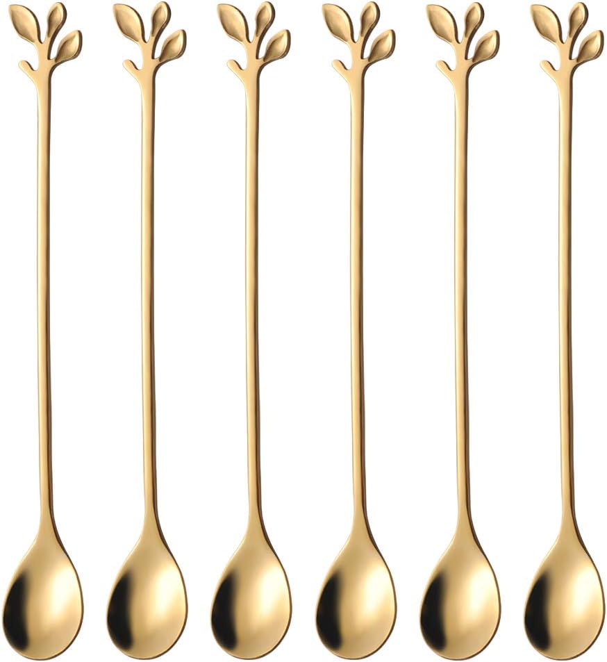 AnSaw 6-Piece Elegant Gold Leaf Long Handle Teaspoons - 7.4" Stainless Steel Stir Spoons for Coffee & Tea, Perfect for Mixing & Stirring
