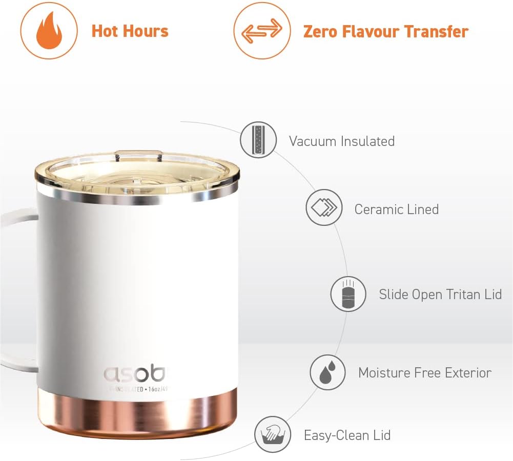 asobu Ultimate Ceramic Travel Mug, 12oz Insulated Stainless Steel Coffee Cup with Handle & Splash-Resistant Lid, Ceramic Lined for Pure Taste, BPA-Free, Double-Wall Vacuum for Hot Drinks