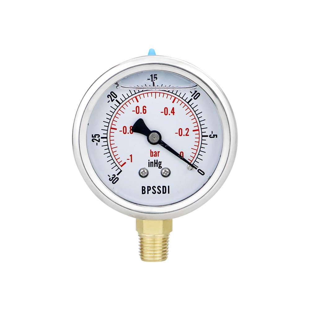 30 inHg Vacuum Silicone Oil Liquid Filled Low Pressure Gauge, 2.5" Dial Size, 1/4" NPT Lower Mount, 304 Stainless Steel Case, for Water Pipe, HVAC, Water Oil Air Pressure Test