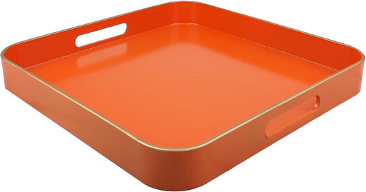 Orange Square Decorative Tray with Handles, 13"*13" Versatile Serving Tray for Coffee Table, Ottoman, Ideal for Serving, Displaying, Organizing