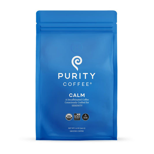 Purity Coffee CALM Decaf Ground Coffee - Natural Water Decaffeinated Coffee - USDA Organic and Third-Party Tested for Antioxidants, Mold, Mycotoxins and Pesticides - 12oz (Purity Calm, medium_roast) | Ground| CALM