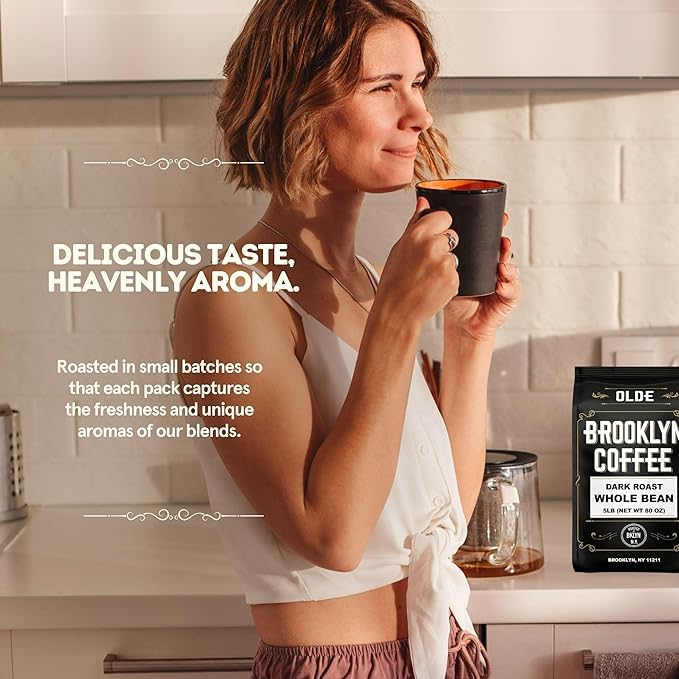 BROOKLYN COFFEE Whole Bean, Classic Dark Roast (5lb) Bold, Smooth Taste, Intense Aroma - Fresh Bulk Coffee Beans Roasted Weekly in NYC