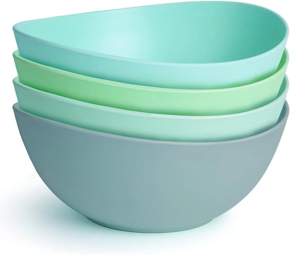 9.6'' Serving Bowls, Bamboo Fiber Salad Bowls Set of 4, 2.6Qt/84 Ounce, Large Bowls for Kitchen,Curvy Shape Big Deep Bowl for Salad,Vegetable,Fruit,Cereal, Lightweight & Easy to Clean(Multi Turquoise)