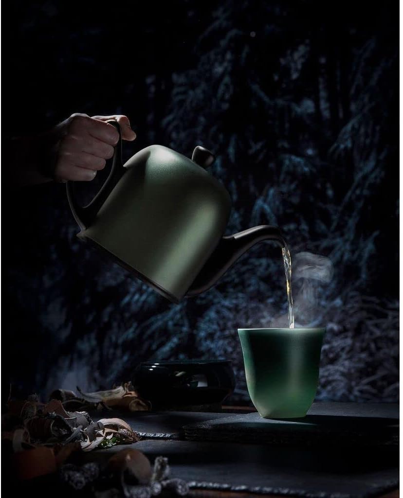 Salam Luxury French Tea Pot - Porcelain Teapot with Emerald Aluminum Cover, Ceramic Tea Kettle for Loose Tea, Removable Infuser, 6 Cup Capacity, 36oz - Black