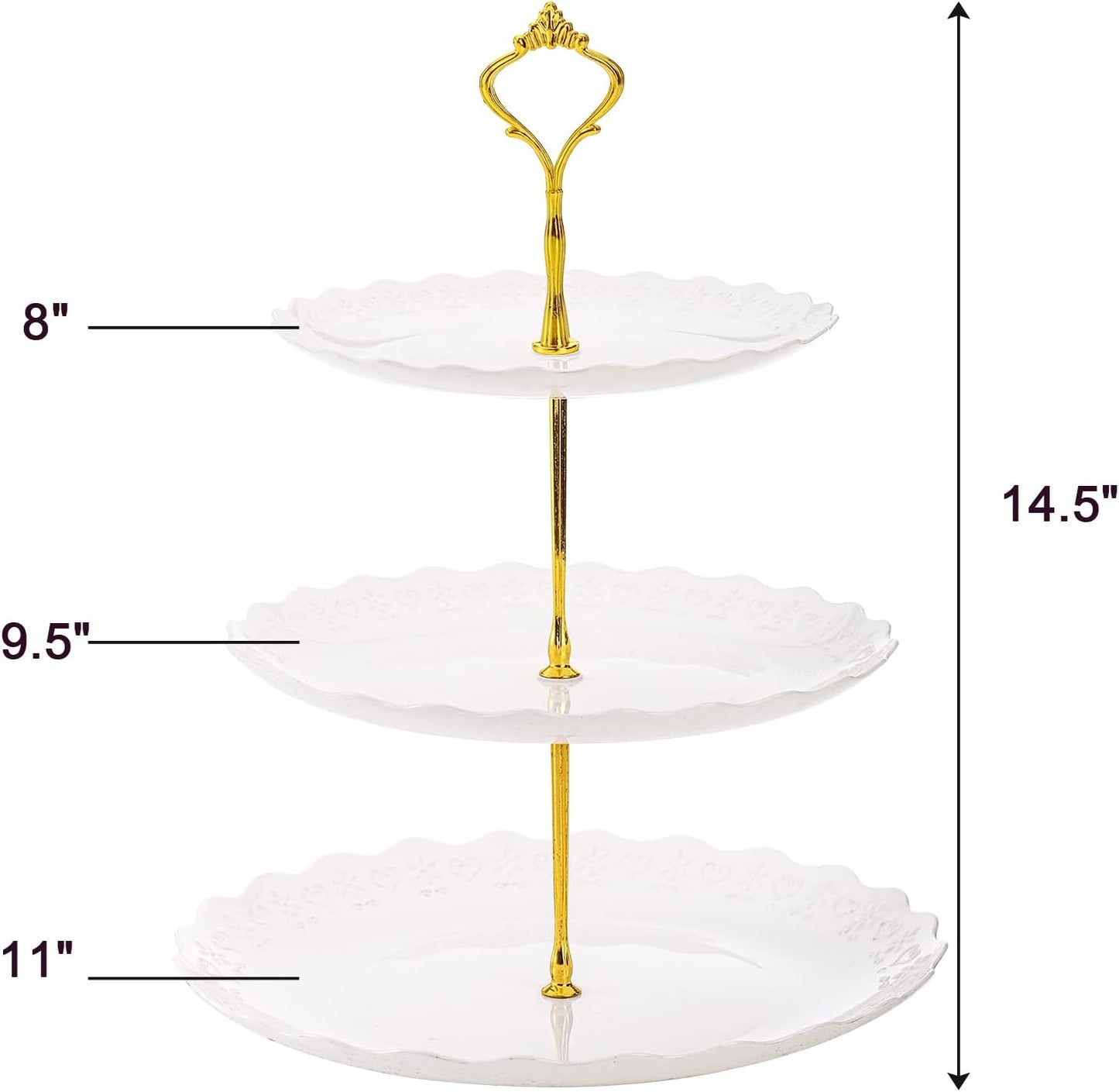 Tosnail 3-Pack 3-Tiers White Plastic Cupcake Stand, Dessert Serving Trays, Party Serving Tray Fruit Pastry Holders Catering Tray for Wedding, Party, Gathering - Round with Gold Rod