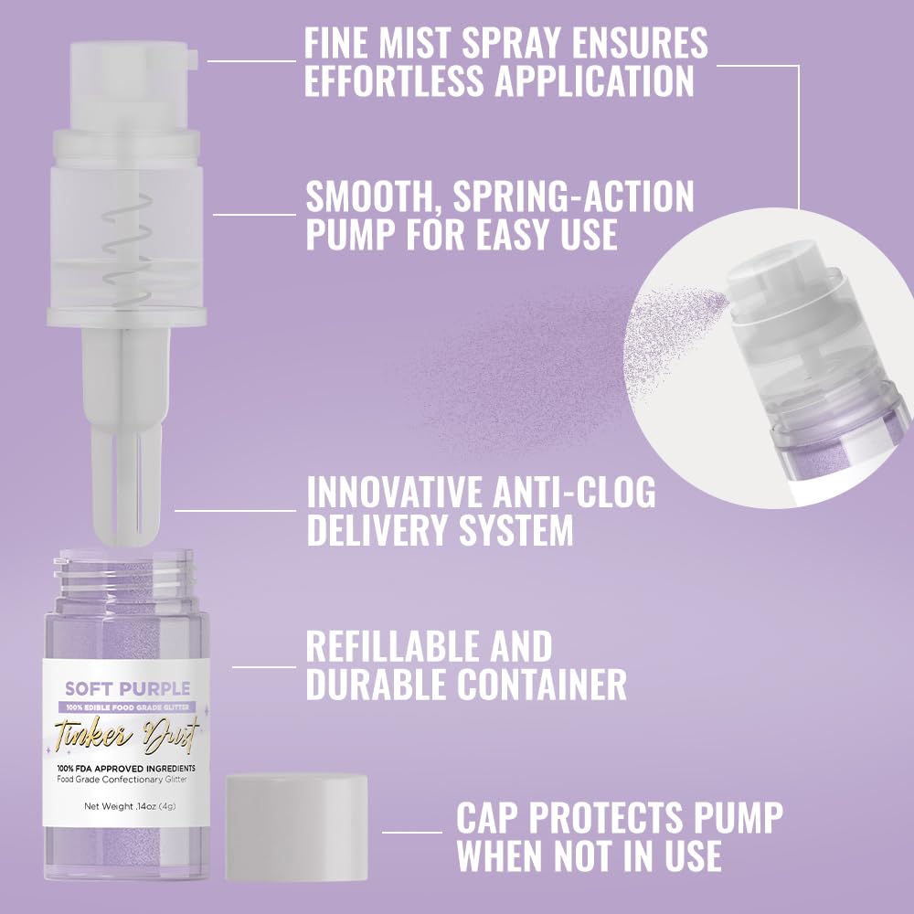 Bakell - Soft Purple Tinker Dust (4g, 1x Mini Spray Pump) Edible Glitter for Food, Desserts, and Beverages!