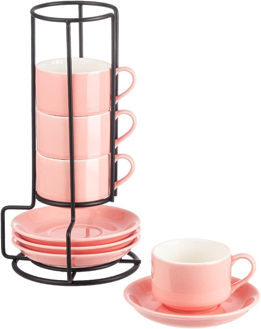 YOLIFE 2.5oz Porcelain Stackable Espresso Cups with Saucers and Metal Stand Set of 4, Stackable Cappuccino Cups, Pink Expresso Shots Cup Set for Coffee Drinks, Latte, Tea