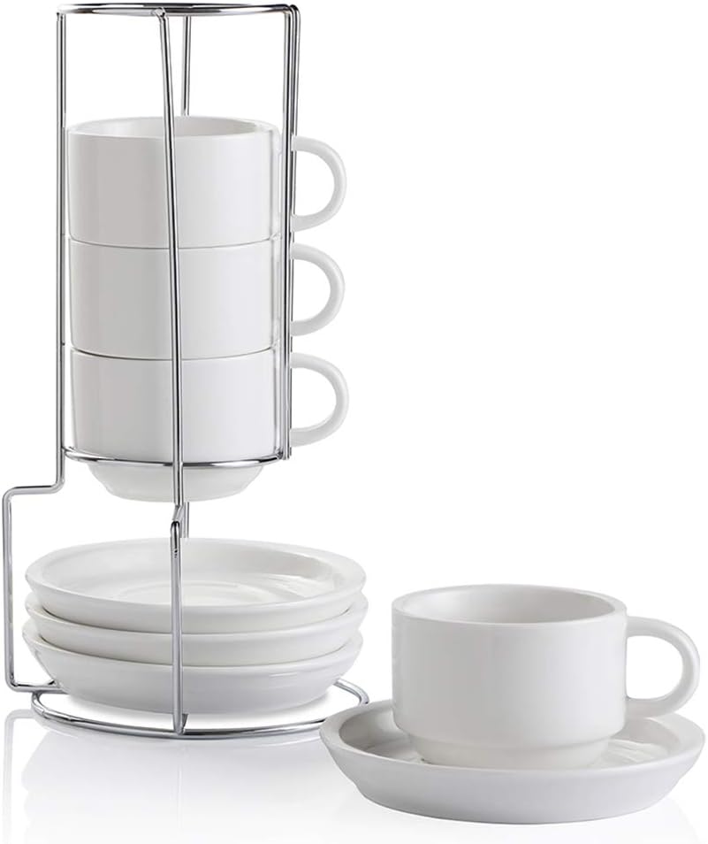 Sweejar Porcelain Espresso Cups with Saucers, 4 Ounce Stackable Cappuccino Cups with Metal Stand for Coffee Drinks, Latte, Tea - Set of 4 (White)