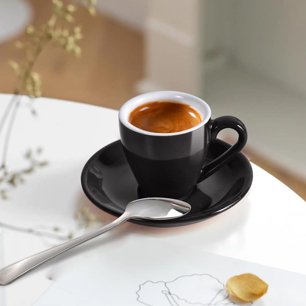 Porcelain Espresso Cup with Saucer And Stainless Steel mini Spoons, Espresso shot Cup, 80ml/2.7Oz, Pack of 2, Black