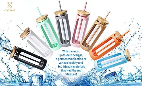 Kodrine 20oz Glass Water Tumbler with Straw and Lid, Bamboo Lids Water Bottle, Iced Coffee Cup Reusable, Wide Mouth Smoothie Cups with Protective Silicone Sleeve BPA FREE-Amber
