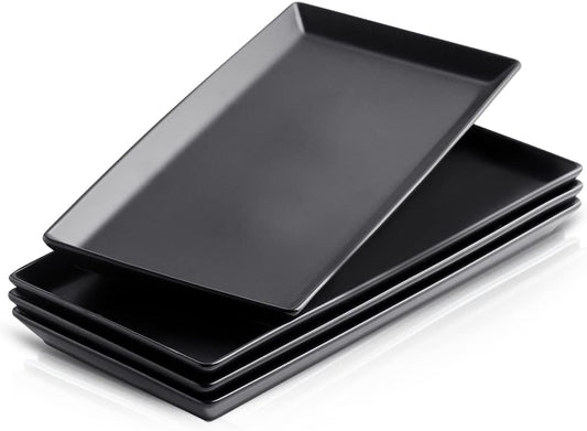 KOOV Ceramic Serving Tray, 14 Inches Large Serving Platter, Rectangular Serving Tray, Porcelain Serving Plates, Ceramic Serving Dishes for Dinner, Party, Sushi, Dessert, Food, Set of 4 (Matte Black)