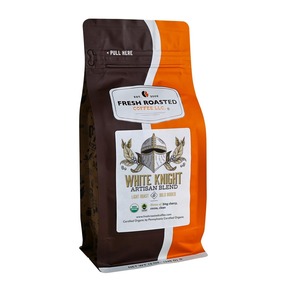 Fresh Roasted Coffee, Organic White Knight | USDA Organic, Kosher | Light Roast 12 oz, Ground
