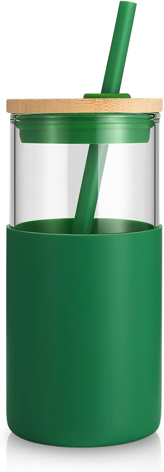 Tronco 16 oz Glass Tumbler with Straw and Bamboo Lid, Iced Coffee Cup Reusable, Smoothie Cups, Tumbler with Silicone Protective Sleeve - BPA Free