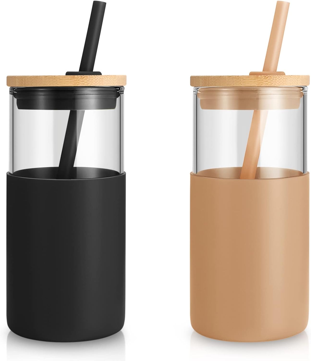 Tronco 16oz Glass Tumbler with Bamboo Lid and Straw, 2 Pack Reusable Iced Coffee & Smoothie Cups Silicone Sleeve, Dishwasher Safe, BPA-Free Glass Cup with Lid and Straw for Tea, Juice, Coffee