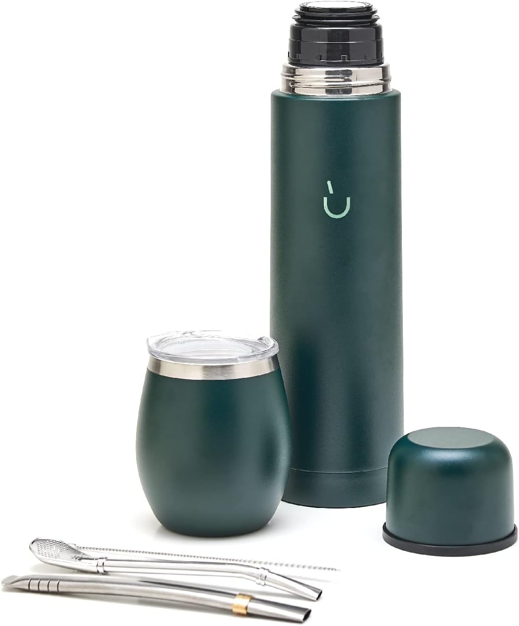 BALIBETOV Complete Yerba Mate Set - Modern Mate Gourd, Thermal Flask, Bombilla and Cleaning Brush Included - All Premium Quality 304 18/8 Stainless Stee (Green)