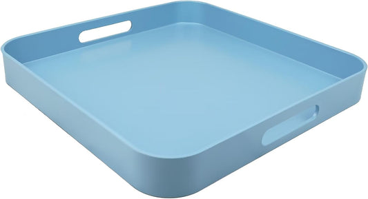 Square Blue Decorative Serving Tray with Handles, Versatile Ottoman Tray for Coffee Table, Entertaining, Outdoor Patio, Living Room, 13”*13”*1.6”