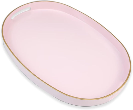 Pink Oval Decorative Tray with Handles, Versatile Serving Tray for Coffee Table, Ottoman, Ideal for Serving, Displaying, Organizing, 15.3"*10.6"*1.37"