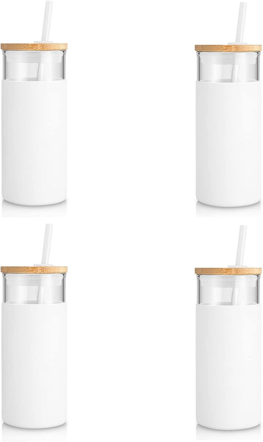 Tronco 20 oz Glass Tumbler Glass Water Bottle Straw Silicone Protective Sleeve Bamboo Lid - BPA Free -White/4 Pack