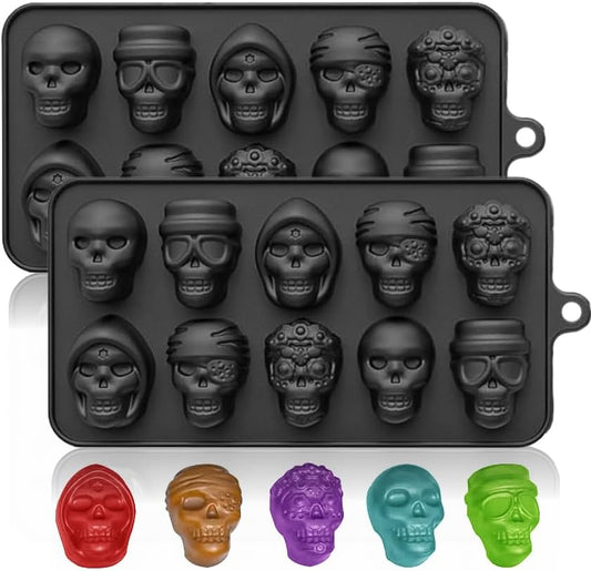 10 Cavity Skull Chocolate Molds,Halloween Silicone Skull Candy Mold for Jelly Crayon Resin, Pack of 2