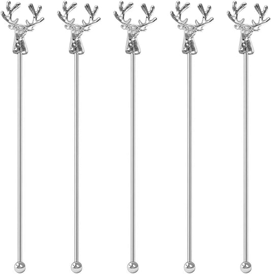 Swizzle Sticks,5 Pcs Stainless Steel Reusable Deer Head Shape Cocktail Stirrer Coffee Beverage Stir Sticks for Cocktail, Whiskey, Hot Cocoa, Creamer (Silver)