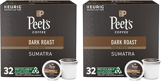Peet's Coffee, Dark Roast Keurig K-Cup Pods - Single Origin Sumatra 64 Count (2 Boxes of 32 K-Cup Pods)