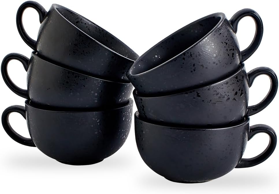 Set of 6 Vintage Design 12 oz Professional Barista Ceramic Latte Art Cappuccino Cups Set (Facular Black * 6)