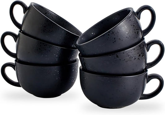 Set of 6 Vintage Design 12 oz Professional Barista Ceramic Latte Art Cappuccino Cups Set (Facular Black * 6)