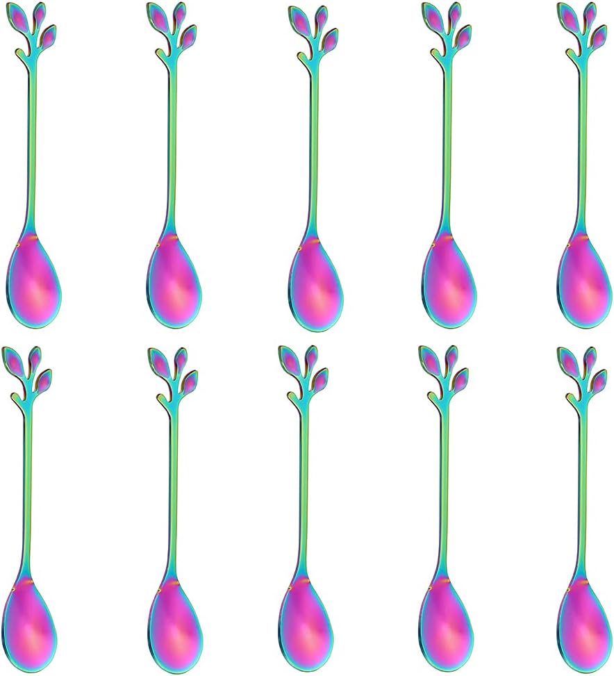 AnSaw Elegant Rainbow Leaf Coffee Spoons - 10-Piece, 4.7" Mini Stainless Steel Espresso & Dessert Tea Spoons, Perfect for Demitasse & Small Servings