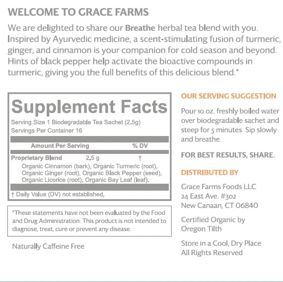 Grace Farms BREATHE Wellness Organic Tea Blend (16 Pyramid Sachets) | Turmeric and Ginger with Adaptogenic Herbs | Immunity Support | Caffeine Free | Gives Back 100% of Profits
