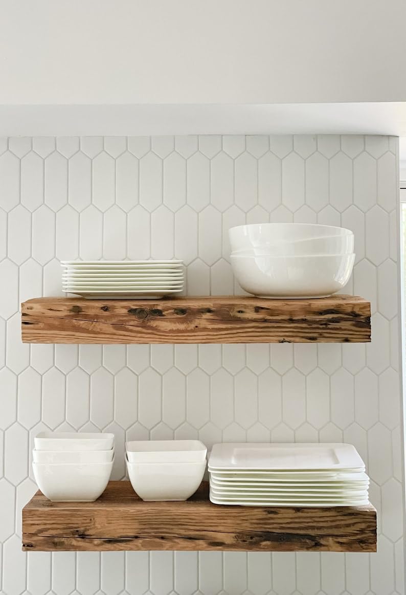 Modern Timber Craft Reclaimed Wood Fireplace Mantel Shelf | Solid Rustic American Barnwood with Floating Shelf Brackets | 2.75" Thickness | 72" L x 8" D, Rustic Original - Unfinished