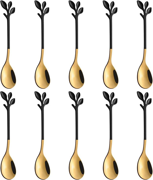 AnSaw Elegant Black & Gold Leaf Espresso Spoons - 10-Piece, 4.7" Mini Stainless Steel Coffee & Dessert Tea Spoons, Perfect for Demitasse & Small Servings