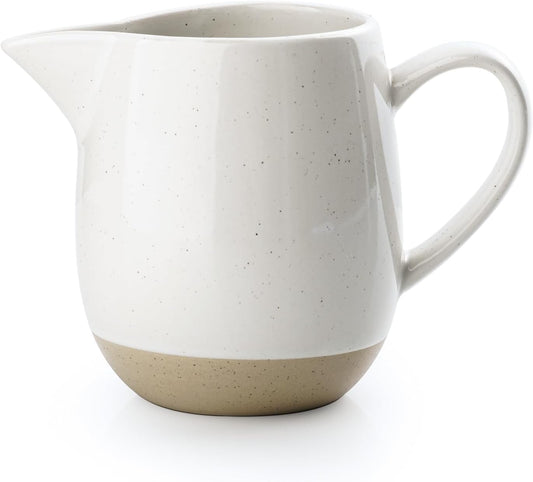 famiware Milkyway 13oz Creamer with Handle, Ceramic Coffee/Milk/Sauce/Serving/Salad Pitcher Jug, Stoneware Maple/Syrup Dispenser, Milk Frother Cup, Microwave and Dishwasher Safe, White