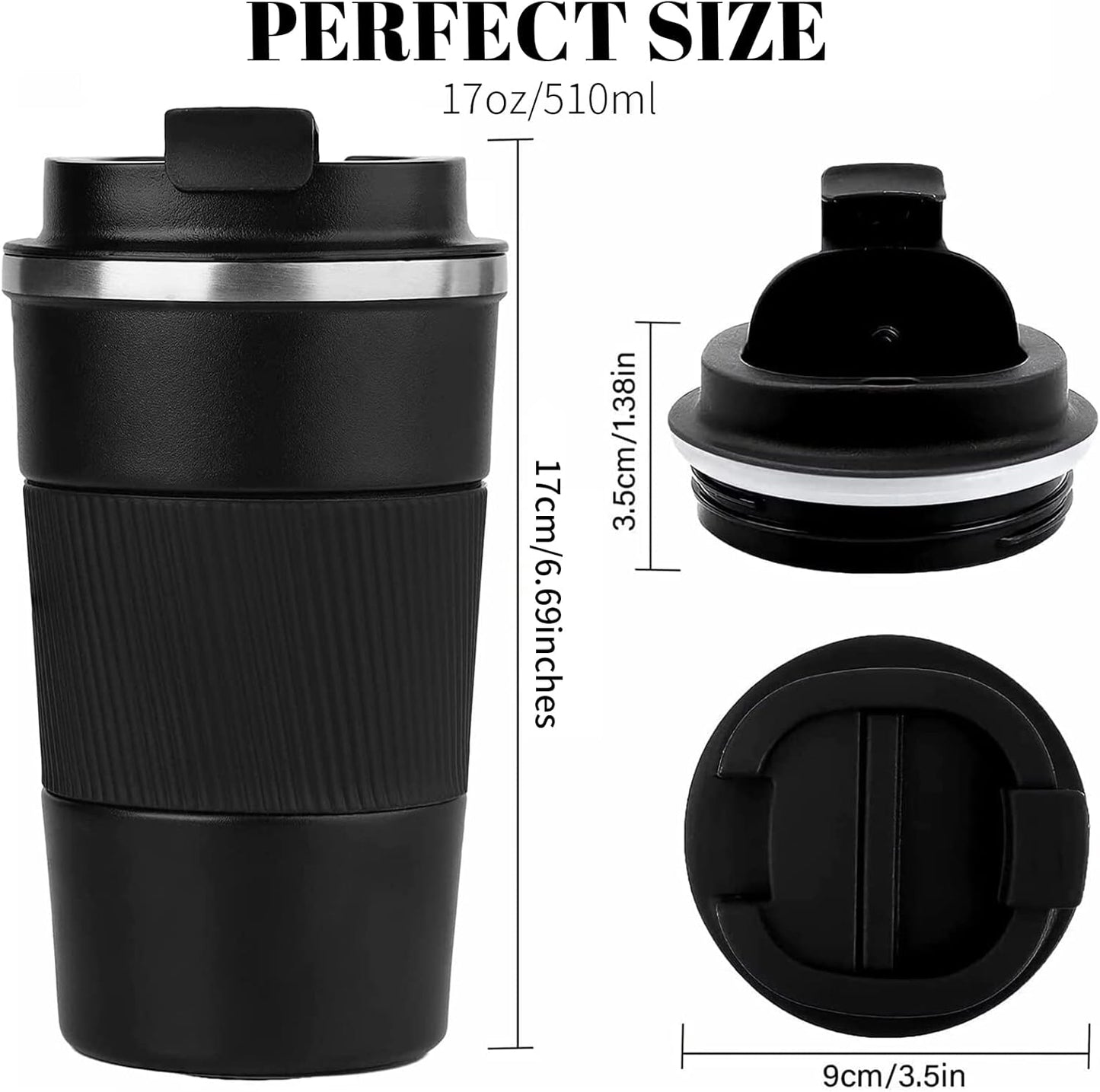 YINBAOGE Insulated Travel Coffee Mug Spill Proof Leak Proof Pobtable To Go Camping Stainless Steel Coffee Tumbler Reusable Coffee Cups with Lids Thermos for Hot and Cold Drink (Black, 17 OZ)
