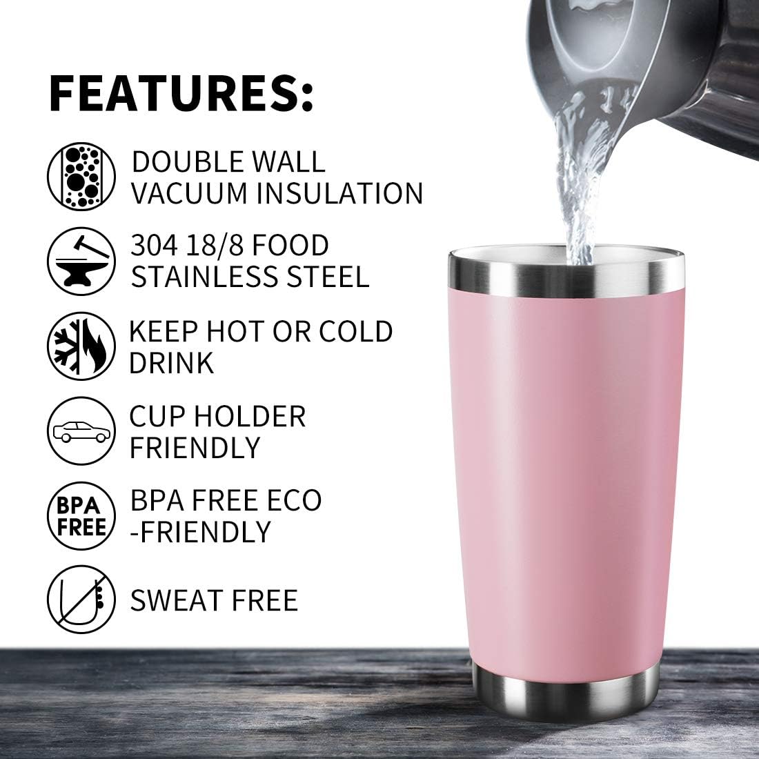 20oz Tumbler Stainless Steel Vacuum Insulated Mug with Lid, Double Wall Travel Mug, Durable Powder Coated Coffee Cup, Suitable for Ice Drinks and Hot Beverage (Pink 6pack)