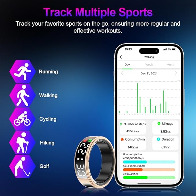 Smart Ring Health Tracker with Display Screen & Touch Button, Bluetooth Connection Health Ring for Women Men, Tracks Heart Rate/Blood Oxygen/Sleep/Steps/Sports Activities, IP68 Waterproof