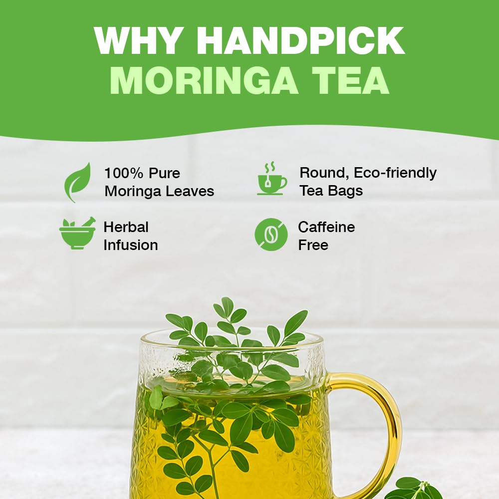 HANDPICK, Organic Moringa Tea Bags (100 Count), Pure Moringa Leaves | Authentic Indian Origin | Caffeine Free, Non GMO | Earthy, Light & Refreshing | Round Eco-conscious Teabags